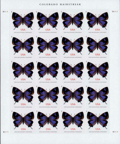 Sheet of 20 2021 "Colorado Hairstreak" USA stamps featuring identical purple and black butterflies with orange spots, labeled "NON-MACHINABLE SURCHARGE" below each stamp.