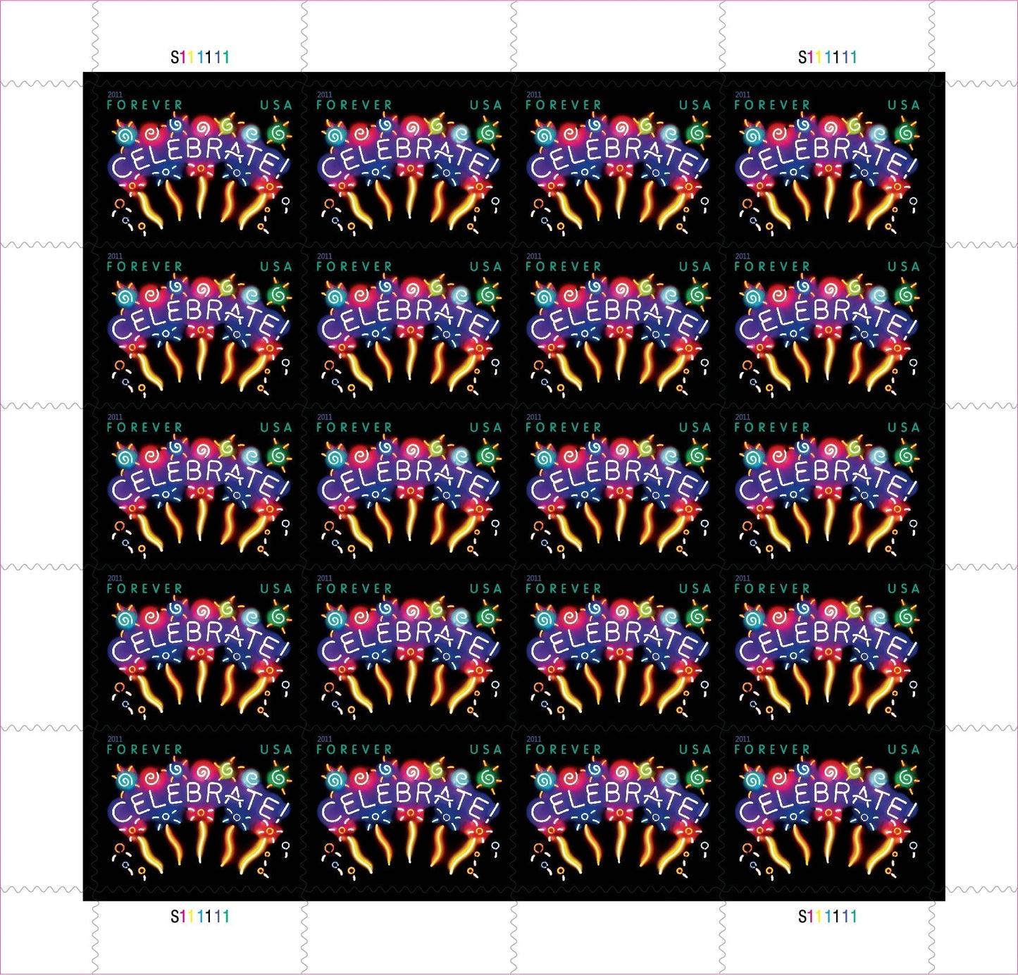 Sheet of 20 "CELEBRATE!" 2011 Forever USA stamps featuring colorful fireworks display with golden bursts and multicolored decorative elements on black background