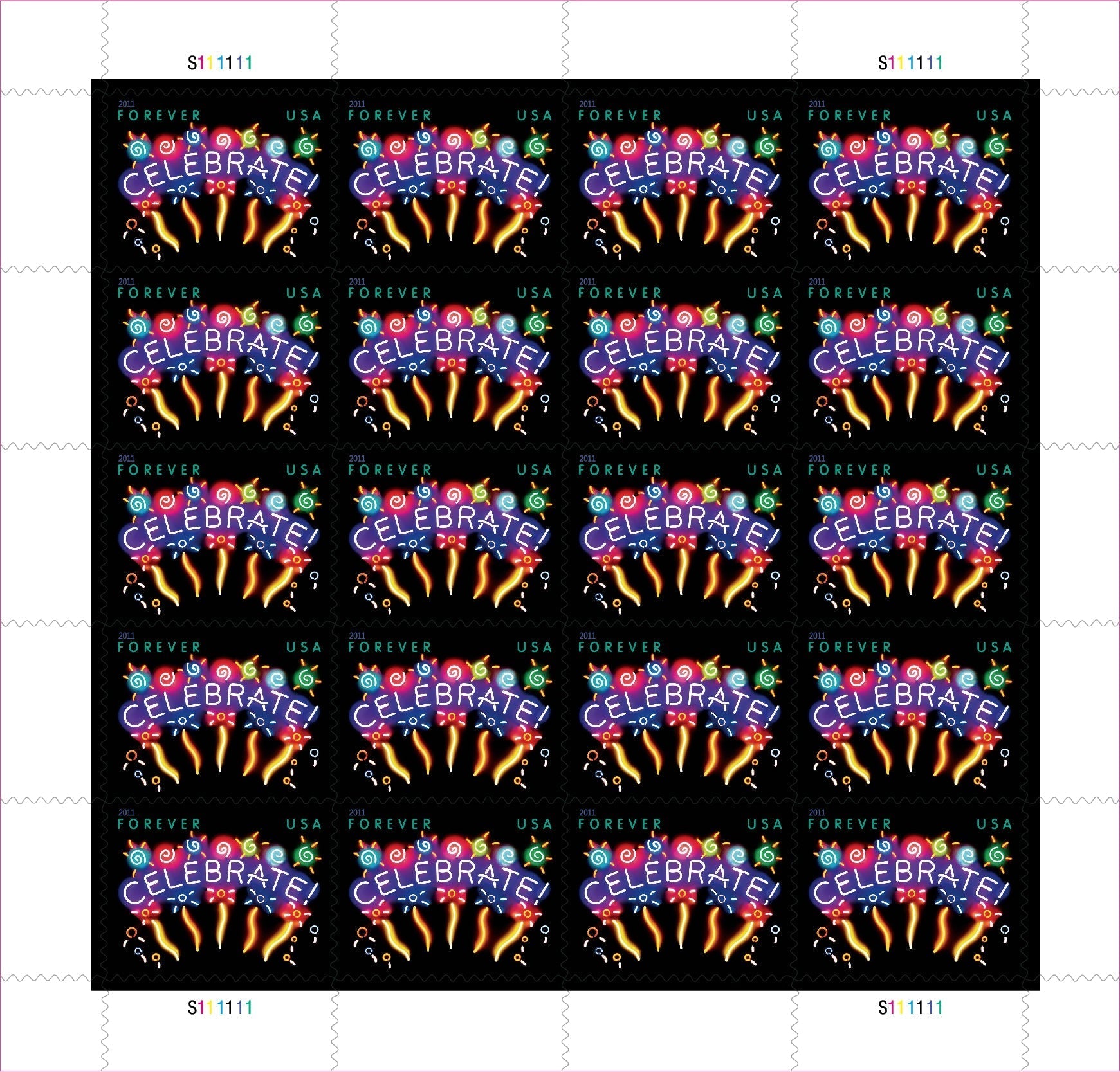 Sheet of 20 "CELEBRATE!" 2011 Forever USA stamps featuring colorful fireworks display with golden bursts and multicolored decorative elements on black background