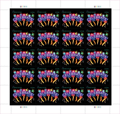 Sheet of 20 "CELEBRATE!" 2011 Forever USA stamps featuring colorful fireworks display with golden bursts and multicolored decorative elements on black background