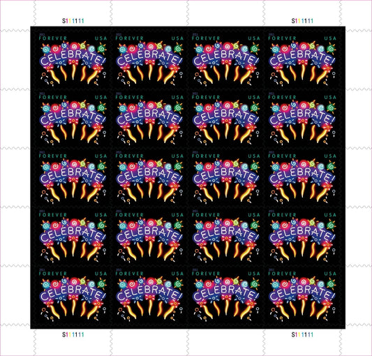 Sheet of 20 "CELEBRATE!" 2011 Forever USA stamps featuring colorful fireworks display with golden bursts and multicolored decorative elements on black background
